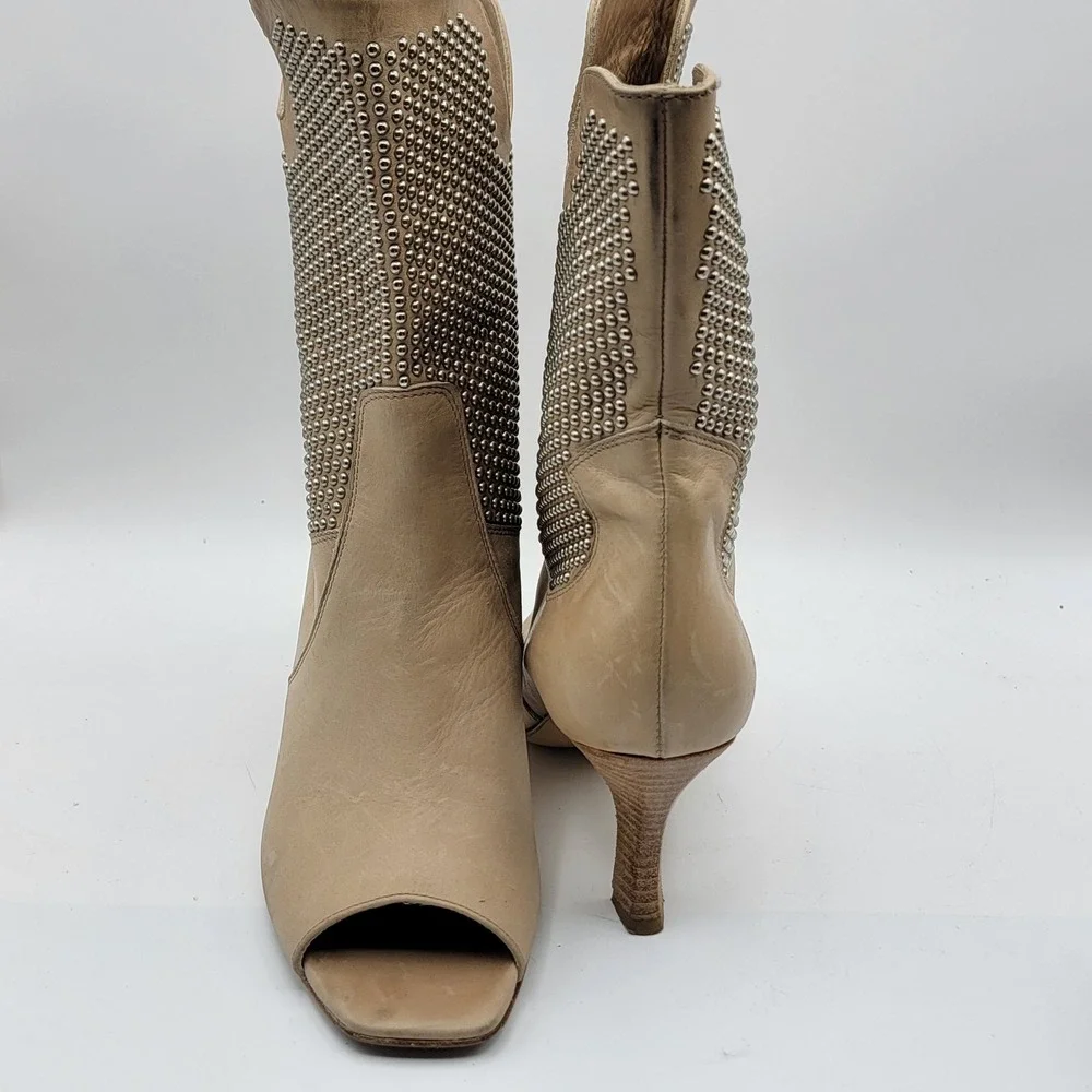 Aquatalia‎ Marvin K Beige Leather Studded Peep Toe Ankle Boots Made in Italy 8